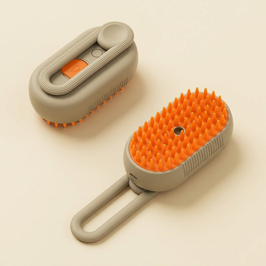 Khaki pet grooming brush with orange bristles, shown from above and below on a cream background