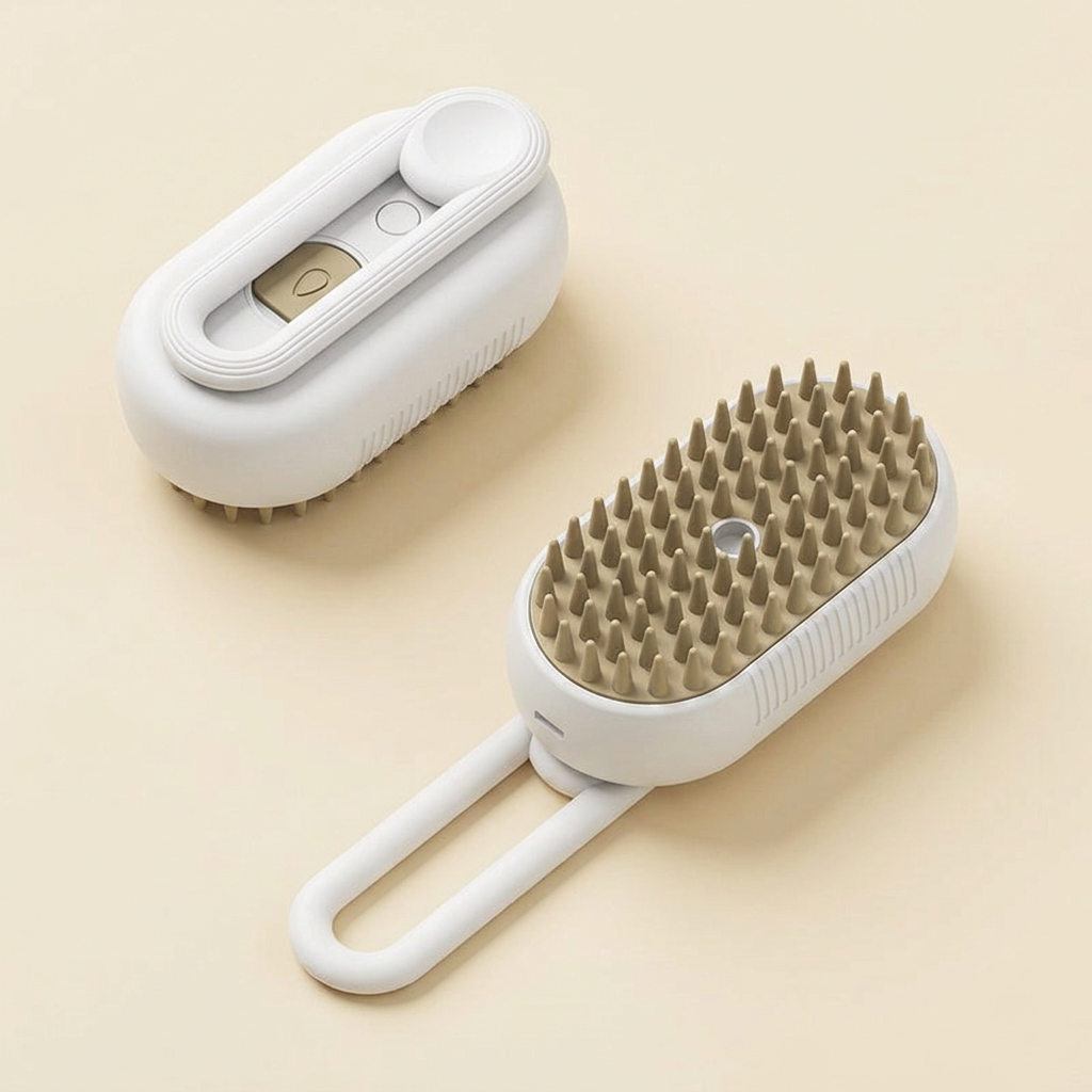 White pet grooming brush with beige bristles, shown from above and below on a cream background
