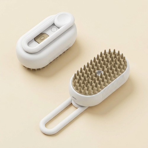 White pet grooming brush with beige bristles, shown from above and below on a cream background