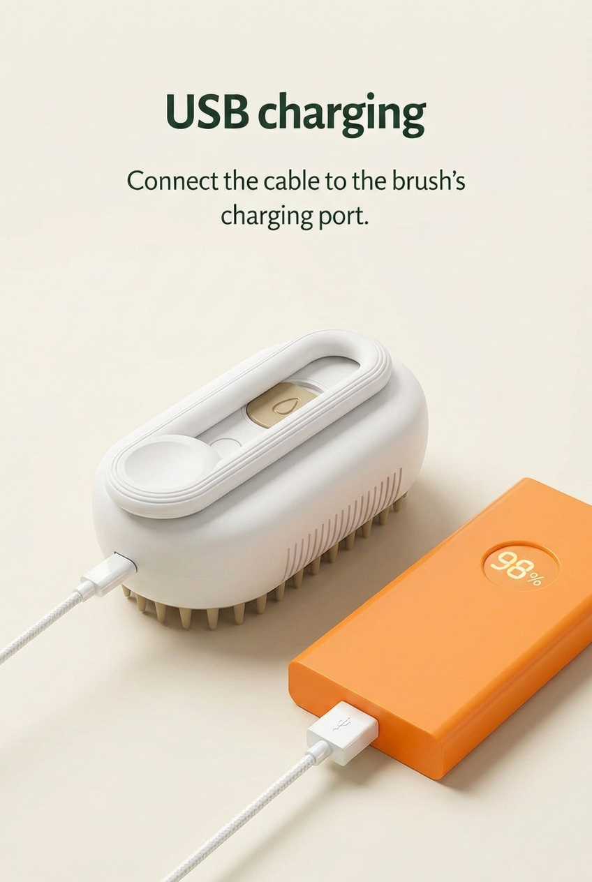 White pet brush USB charging demonstration